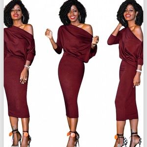Burgundy off shoulder Bodycon midi dress